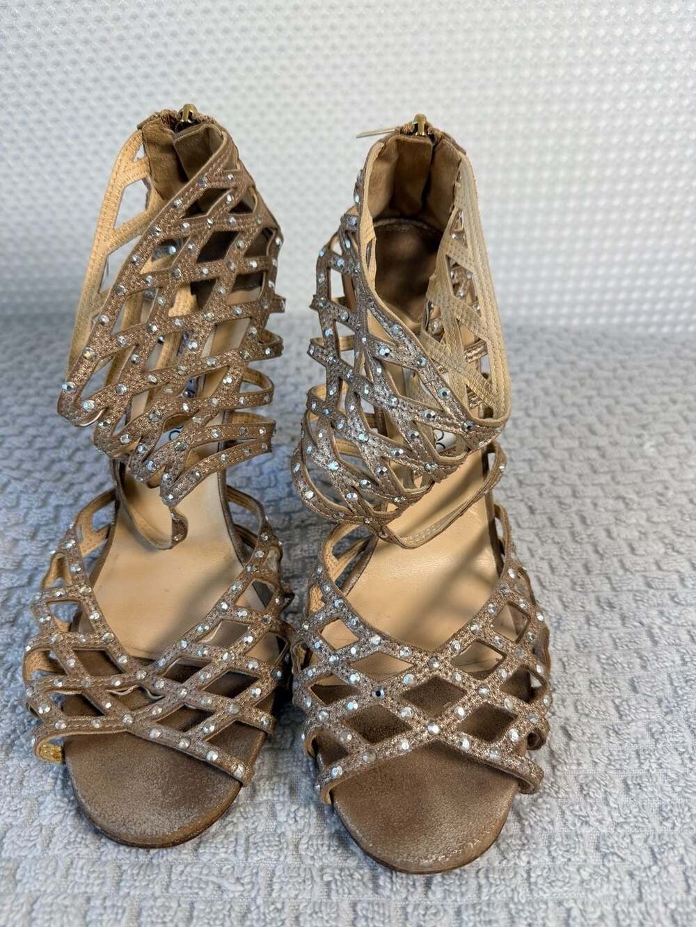 Jimmy Choo Beige Gold Suede Rhinestone Caged Stiletto Sandals Sz 9 - Picture 2 of 12